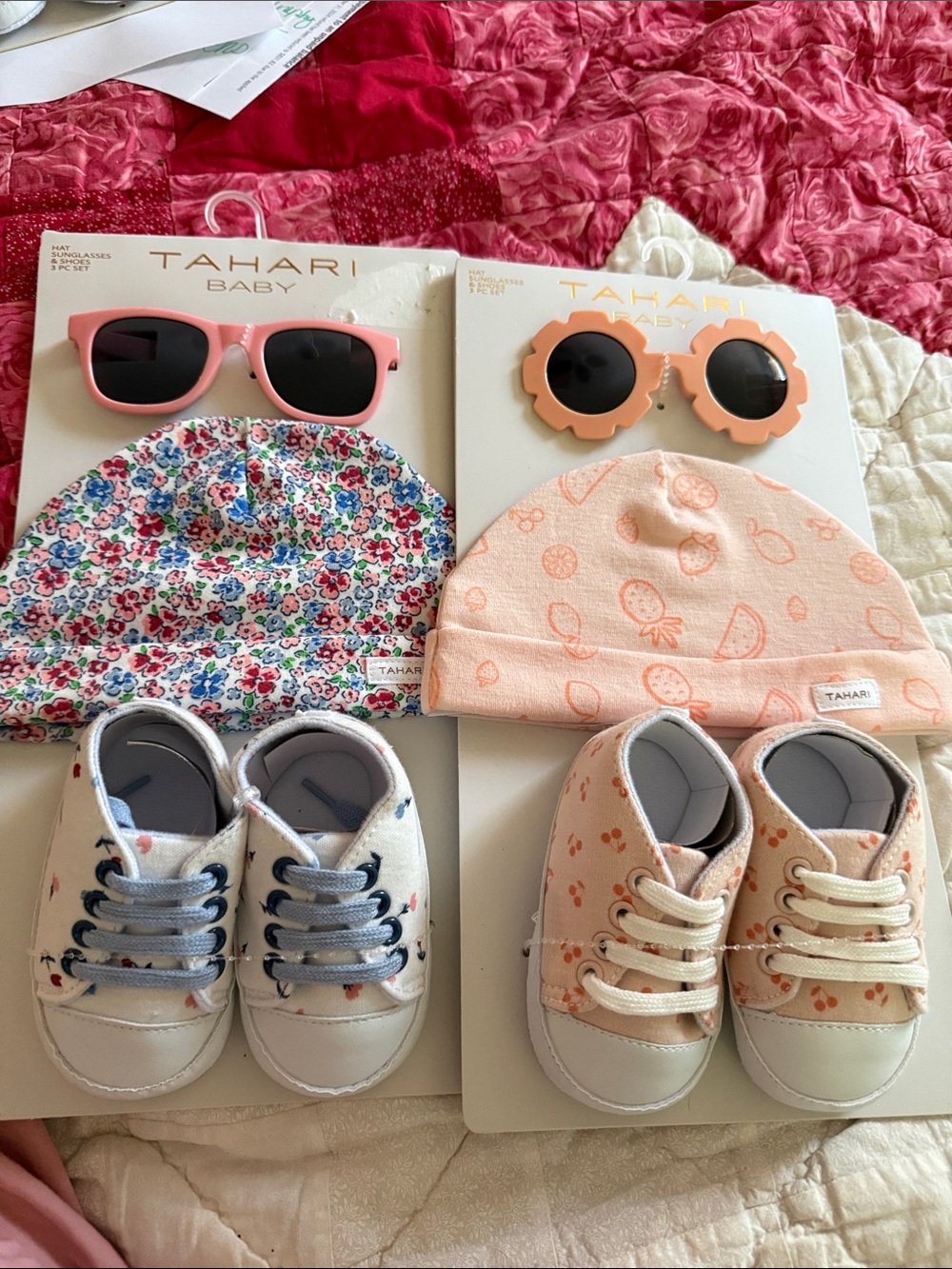 NWT Tahari Baby Sets of 3 Sunglasses, hats & shoes choose floral or peach set